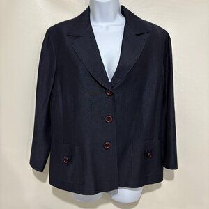 Lafayette 148 NY 16 Navy Blue Linen Wool Blend Suit Jacket Blazer 3/4 Sleeves